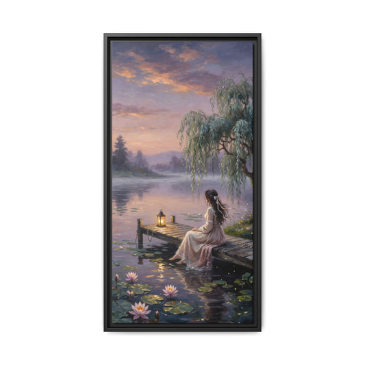 Framed Matte Canvas: Serene Lakeside Woman at Dusk Wall Art