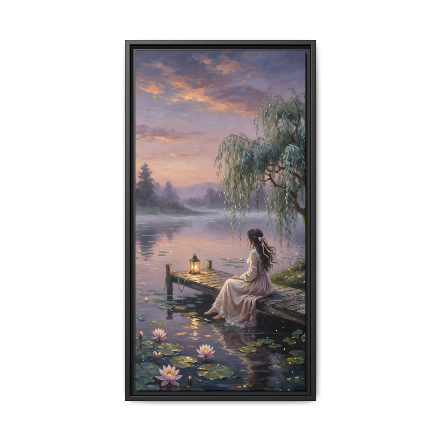 Framed Matte Canvas: Serene Lakeside Woman at Dusk Wall Art