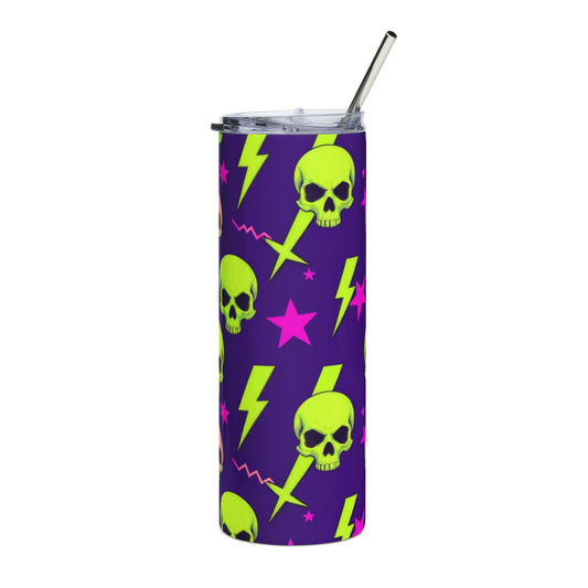 Neon Skull Skinny Tumbler — 20oz Stainless Steel, Punk Lightning & Star Pattern