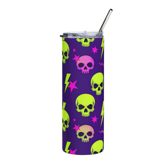 Neon Skull Skinny Tumbler — 20oz Stainless Steel, Punk Lightning & Star Pattern
