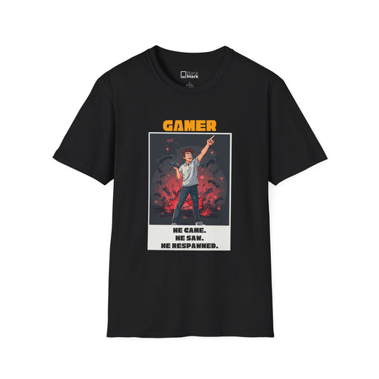 Gamer Poster Tee — “GAMER: He Came. He Saw. He Respawned.” Retro Gaming T‑Shirt