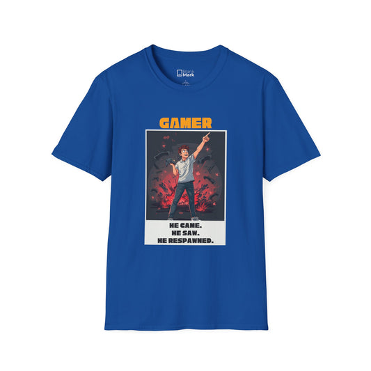 Gamer Poster Tee — “GAMER: He Came. He Saw. He Respawned.” Retro Gaming T‑Shirt
