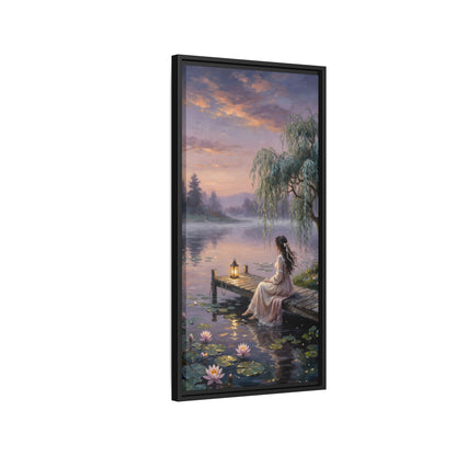Framed Matte Canvas: Serene Lakeside Woman at Dusk Wall Art