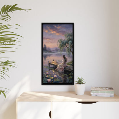 Framed Matte Canvas: Serene Lakeside Woman at Dusk Wall Art
