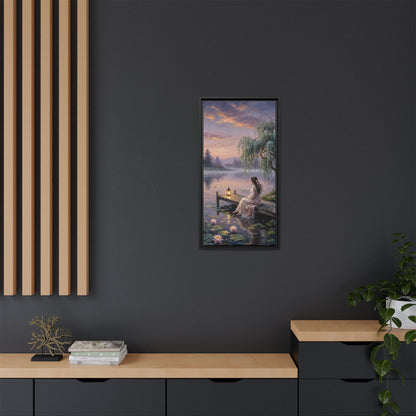 Framed Matte Canvas: Serene Lakeside Woman at Dusk Wall Art